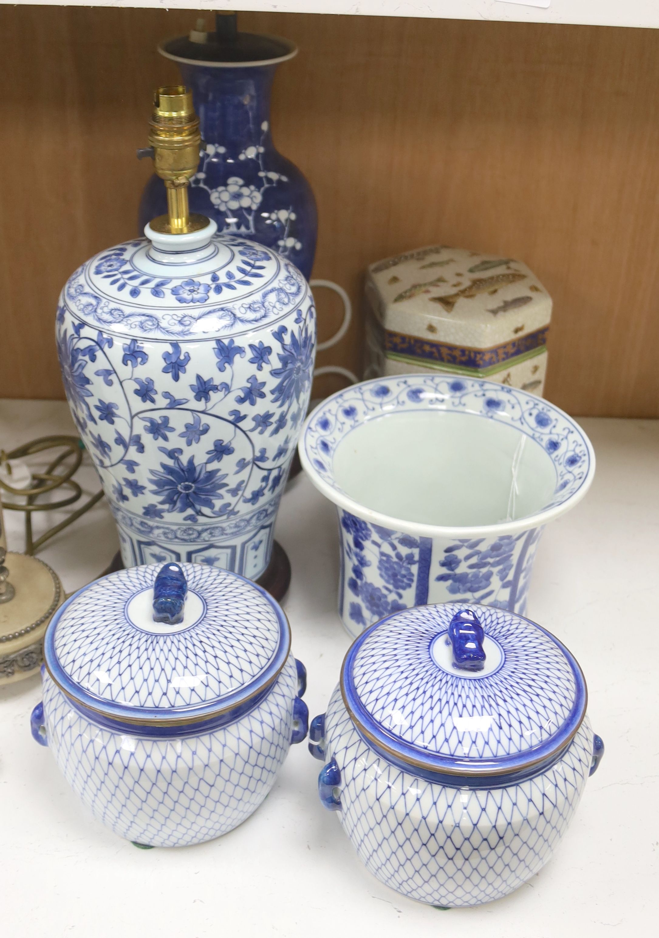 Two Chinese porcelain blue and white lamps, a similar jardinière, two bowls and covers and a hexagonal box and cover